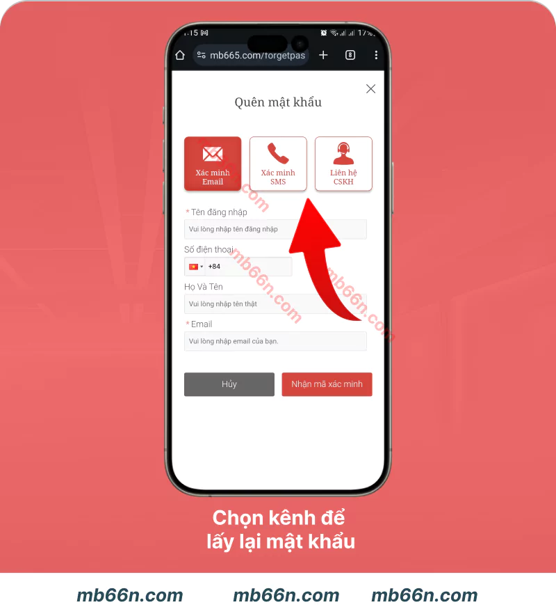Chọn kênh xác minh danh tính để lấy lại mật khẩu