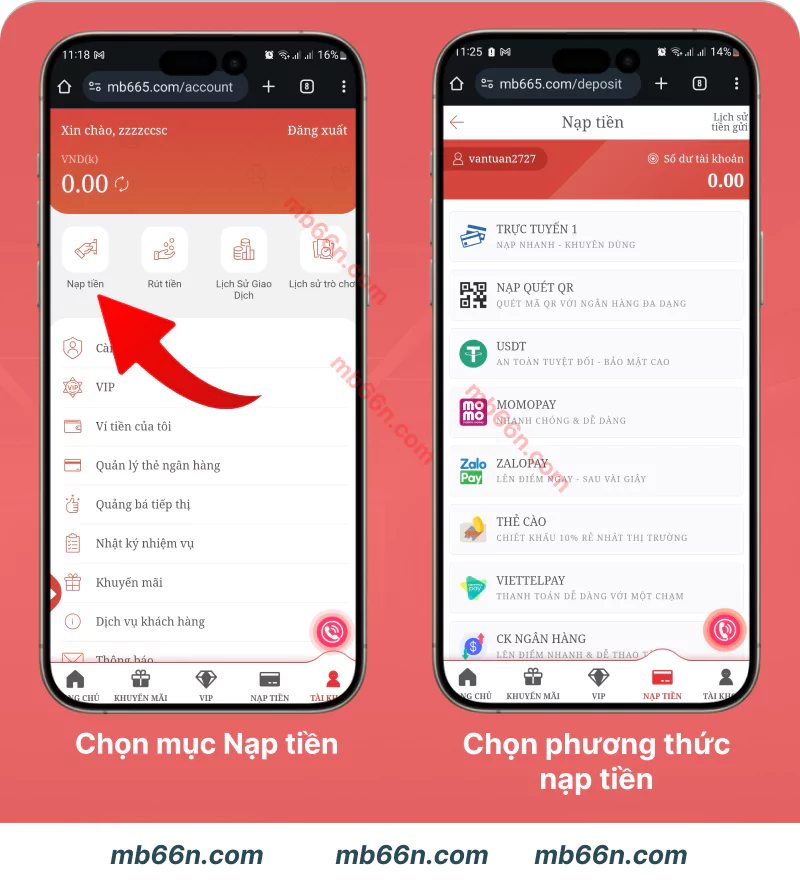 Chọn mục Nạp tiền vào tài khoản MB66 để cá cược